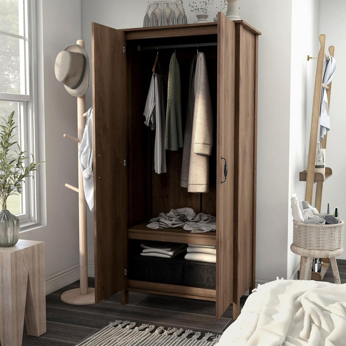 Walnut Brown 2-Doors Wood Armoire Wardrobe Closet with Fixed Shelves and Hanging Rack K57360