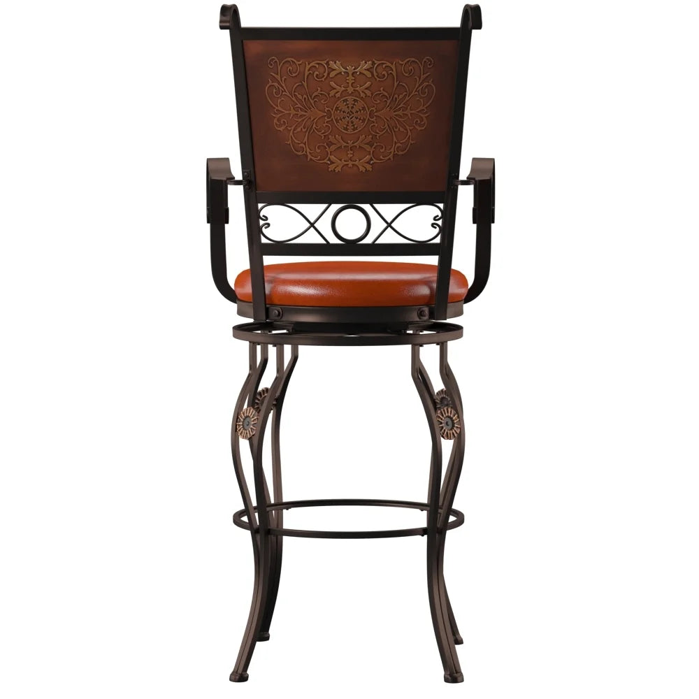30" Metal Stamped Back Bar Stool with Swivel and Arms, Rich Bronze with Warm Rust Faux Leather S385