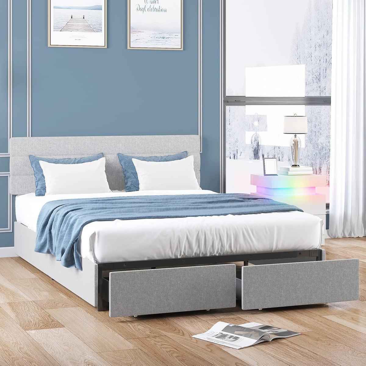 Light Grey King Size Bed Frame with 2 Storage Drawers K452
