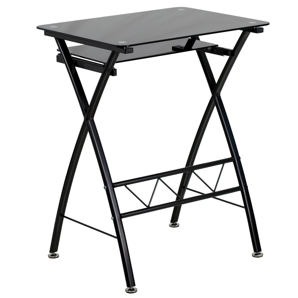 Black Tempered Glass Computer Desk with Keyboard Tray X385863
