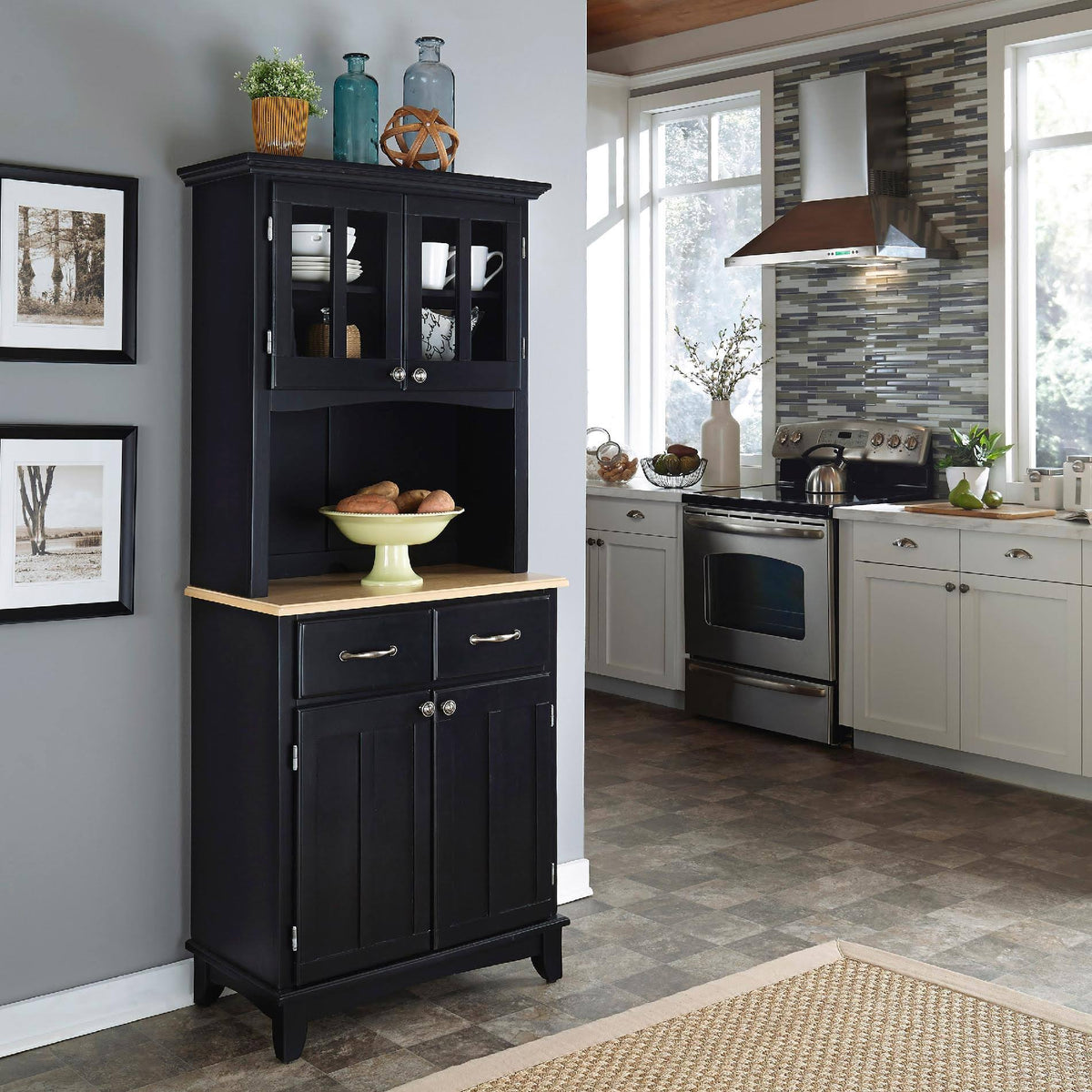 Black Wood Top Buffet with Hutch F84668