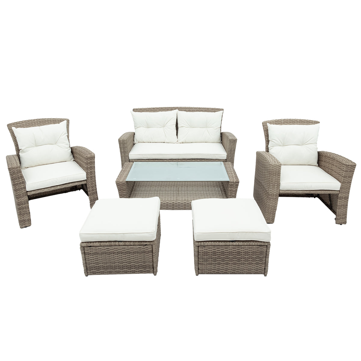 Patio Furniture Set of 4 Rattan Conversation Furniture with Ottoman and Glass Table E1939