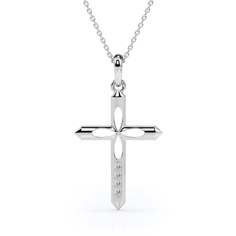 4-Petal Pencil Diamond Mini-Pave Pendant Necklace in 18K White Gold Plating over Silver R737