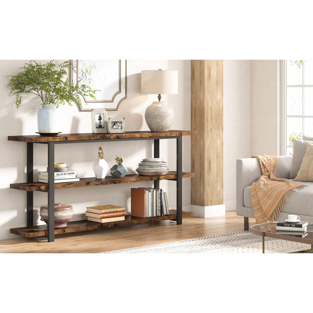 3-Tier Rustic Brown Console Table Shelving Unit Y59046