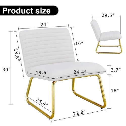 White minimalist armless sofa chair with plush cushion and backrest and golden metal legs M1501