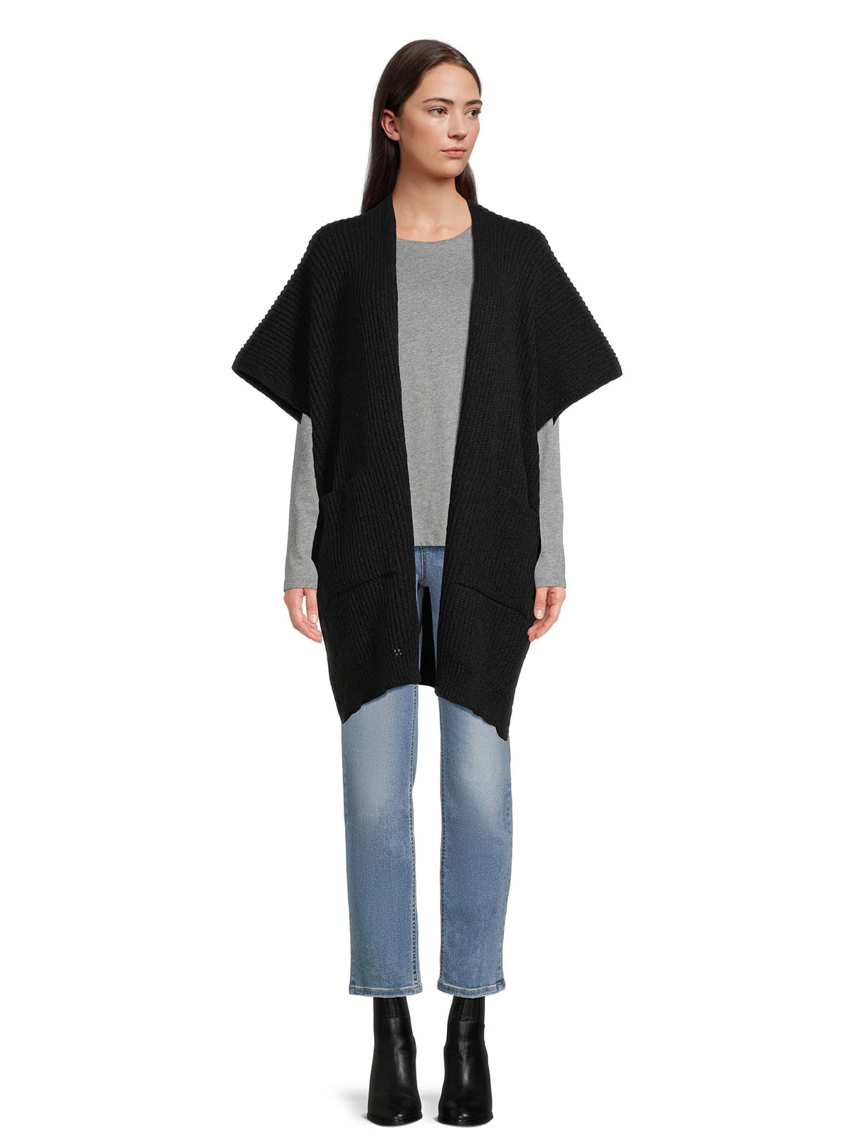 Ribbed Sweater Cape with Pockets C7553
