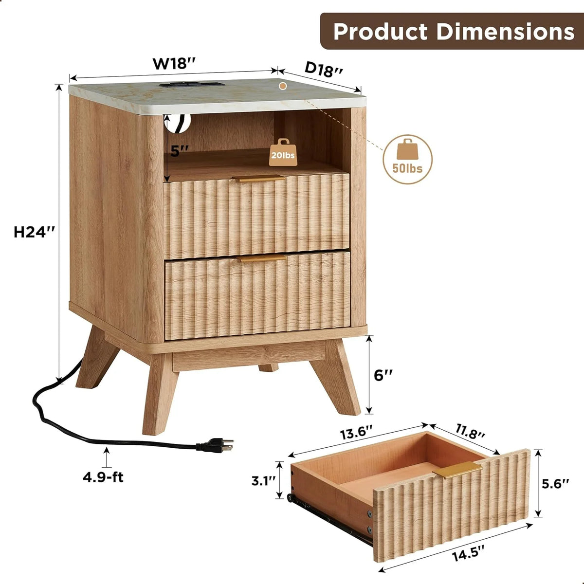 Mid-Century Modern Nightstand with Charging Station V4699