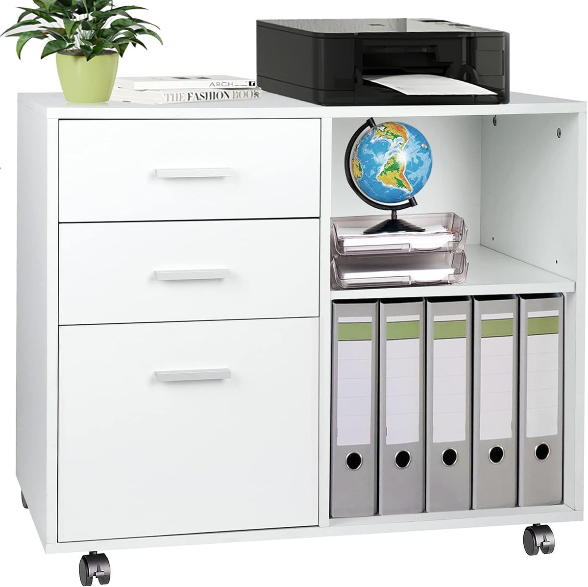 Black 3-Drawer Mobile Wood File Cabinet with Open Storage Shelves R450929
