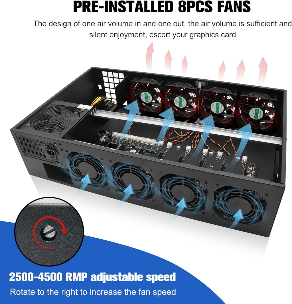 8 GPU Mining Rig Frame Case with 1800W/2800W Power Supply, Motherboard, CPU, RAM, SSD, 8 Adjustable Speed Fans N747810