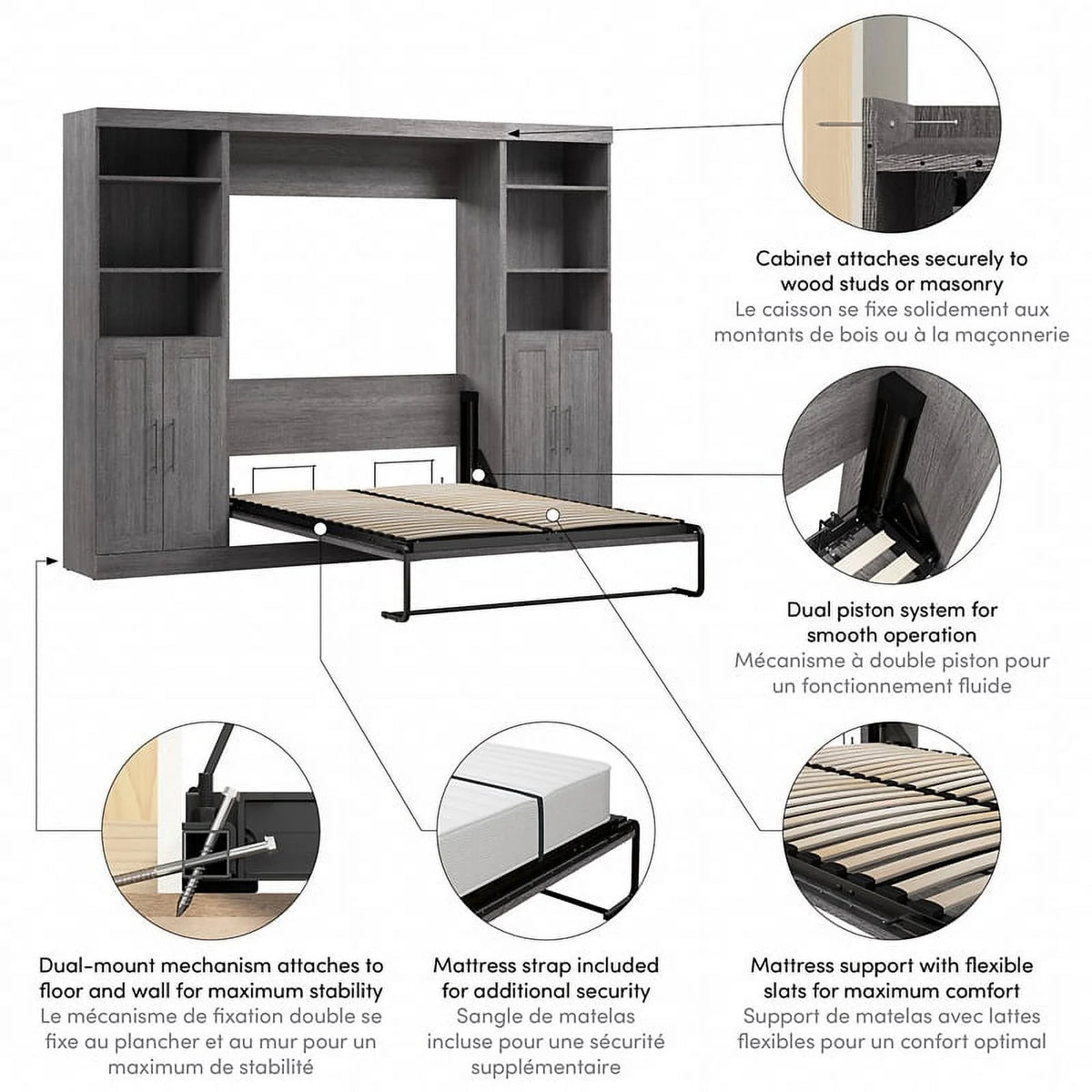 Bark Gray Full Murphy Bed with Closet Storage I917