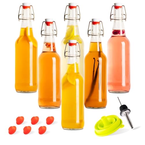Swing Top Glass Bottles 16 oz 6 Set with Funnel I88669