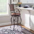 30" Metal Stamped Back Bar Stool with Swivel and Arms, Rich Bronze with Warm Rust Faux Leather S385