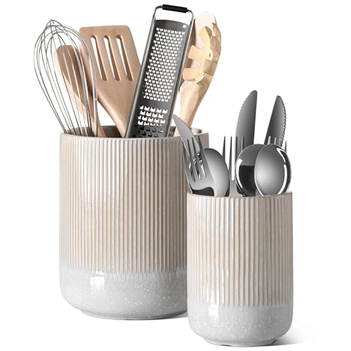 Set of 2 Ceramic Kitchen Utensil Holder, Glaze Marble Gray Q572