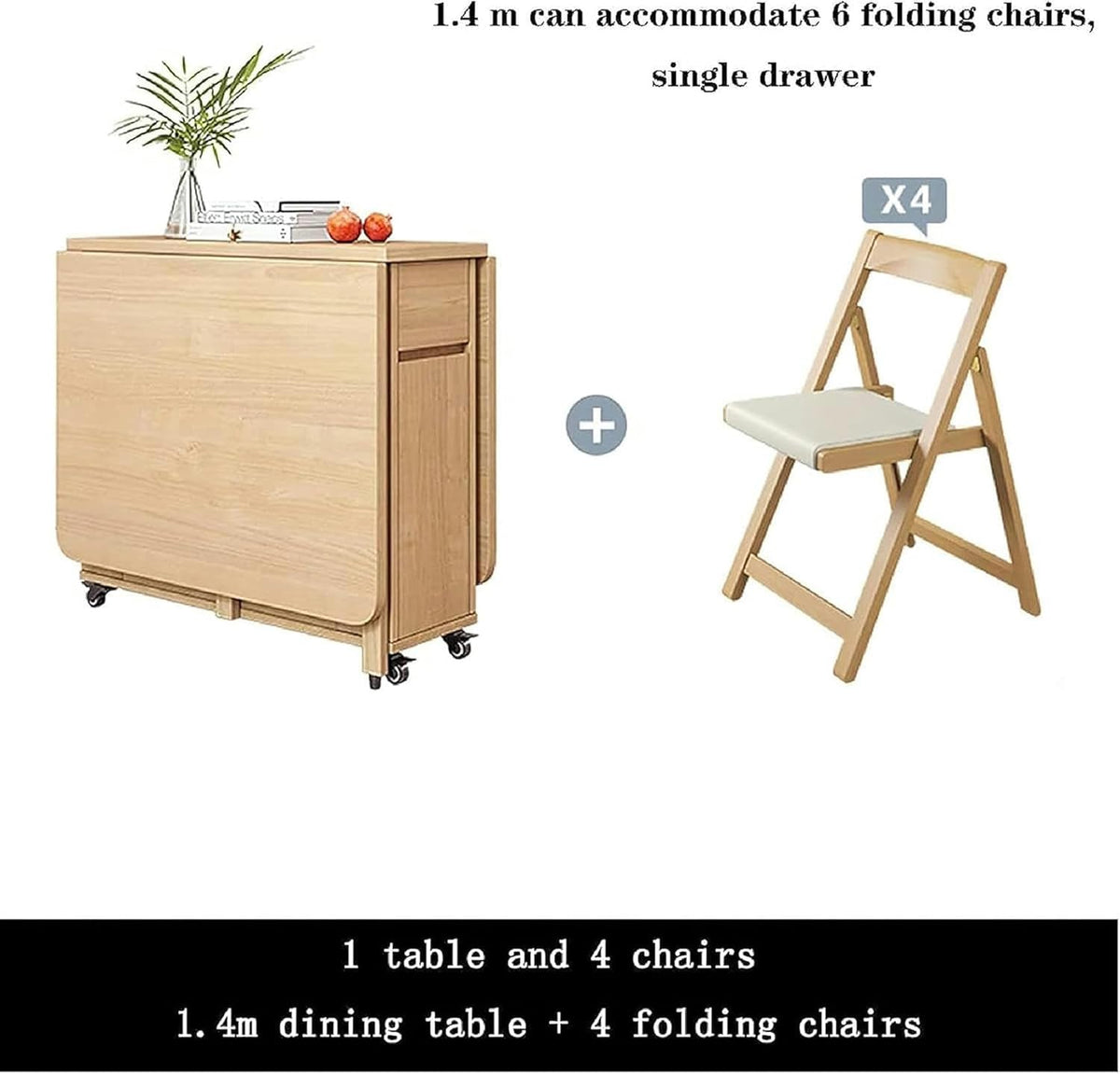 Wooden Extendable Dining Table Set with 4 Chairs, Drop Leaf Tables on Moveable Wheels and 1 Drawers M754029