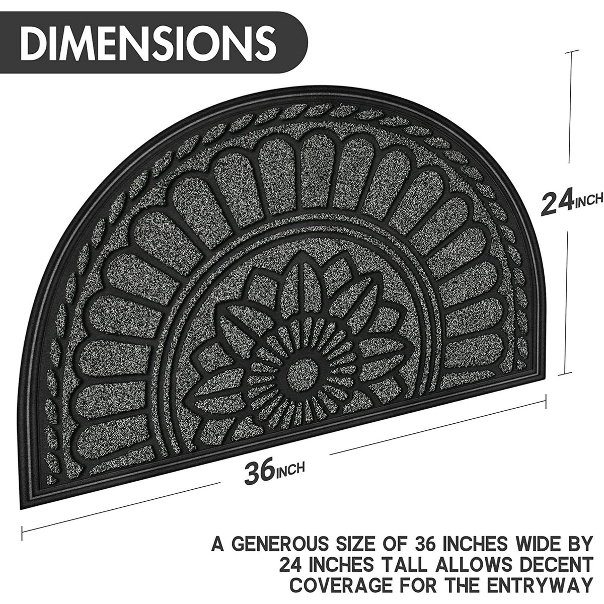 Half Round Door Mat, Non-Slip Rubber Low-Profile Doormat, 23.5" x 35.5", Gray J260400