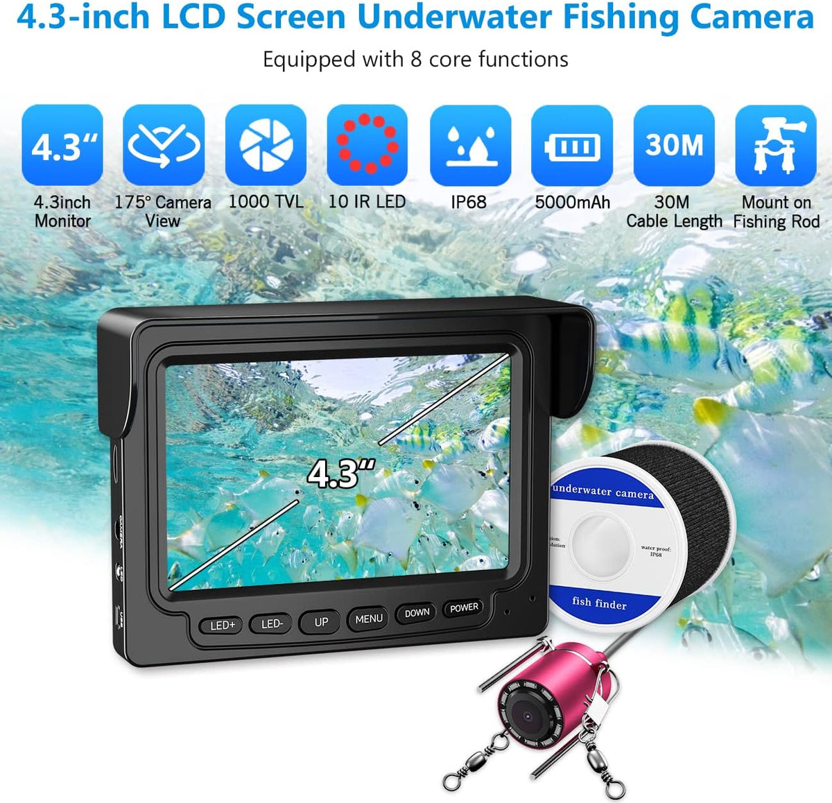 4.3 inch HD 1000TVL Color Monitor Ice Fishing Camera with 30m Cable B130
