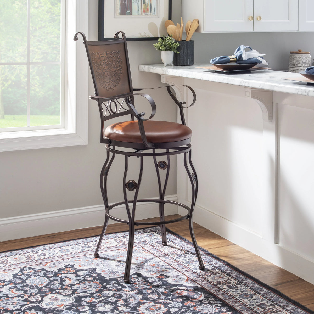 30" Metal Stamped Back Bar Stool with Swivel and Arms, Rich Bronze with Warm Rust Faux Leather S385