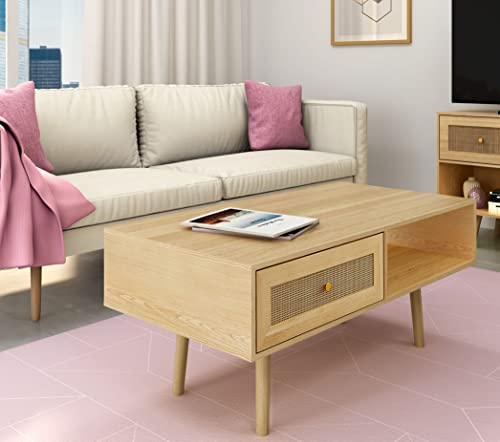 Natural Rattan Storage Drawer and Shelf Coffee Table J5682