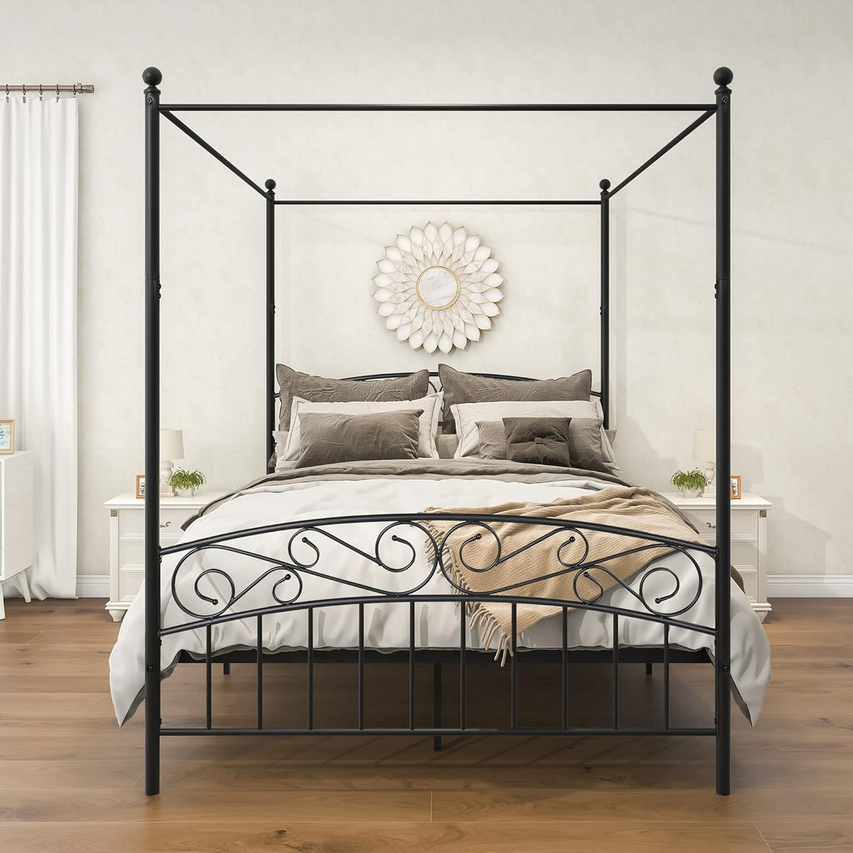 Black Metal Canopy Bed Frame Queen Size with Headboard and Footboard V10707