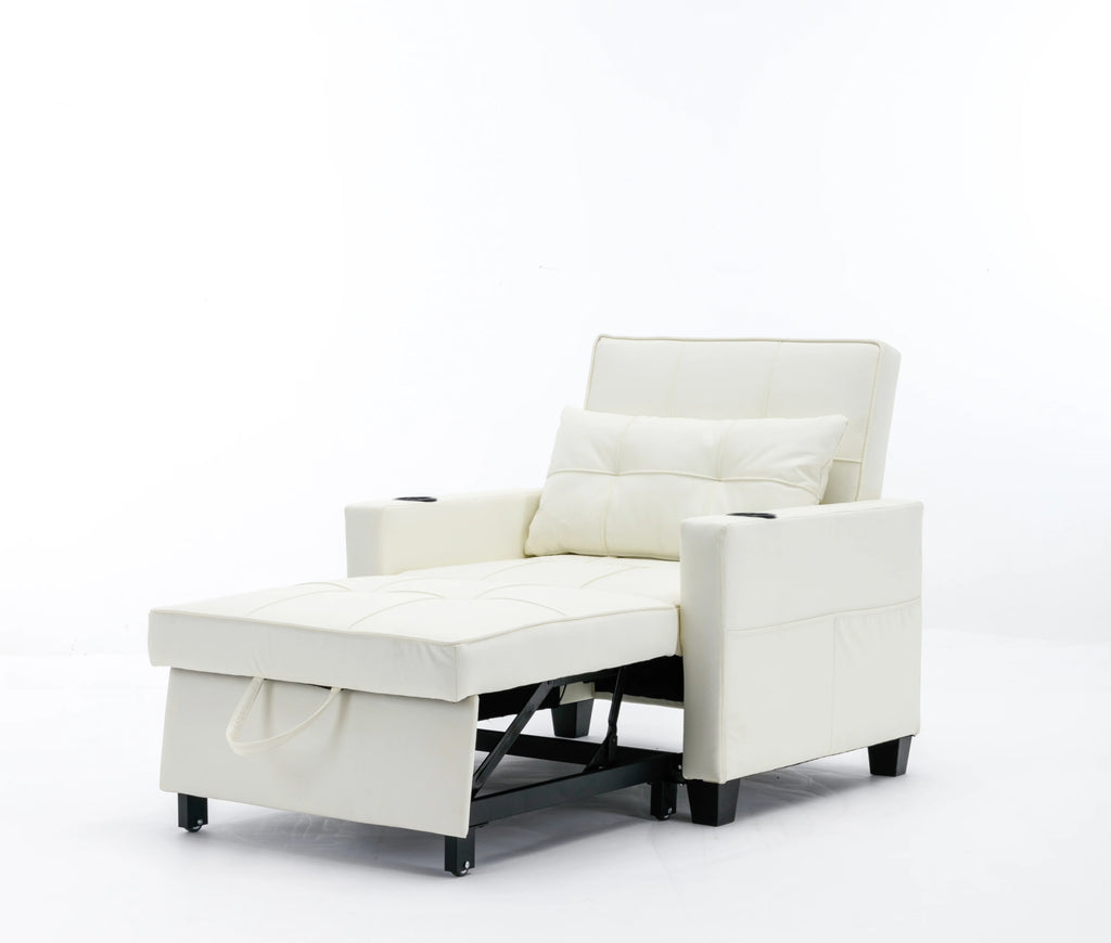 White Leather 3-In-1 Convertible Sleeper Chair Bed with USB Ports U163