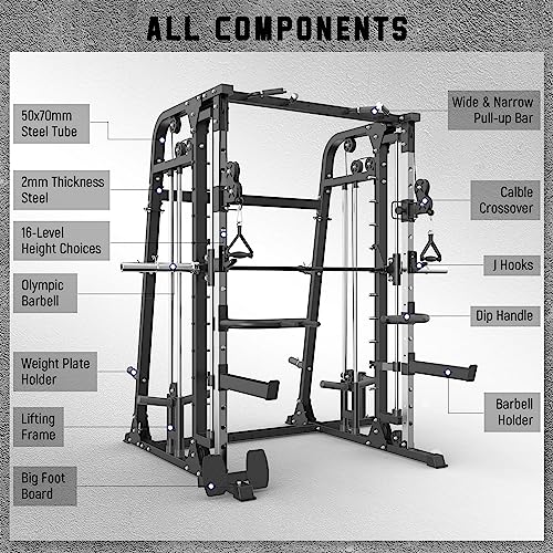 All-in-One Smith Machine Power Cage with Smith Bar and Cable Crossover Machine W7965