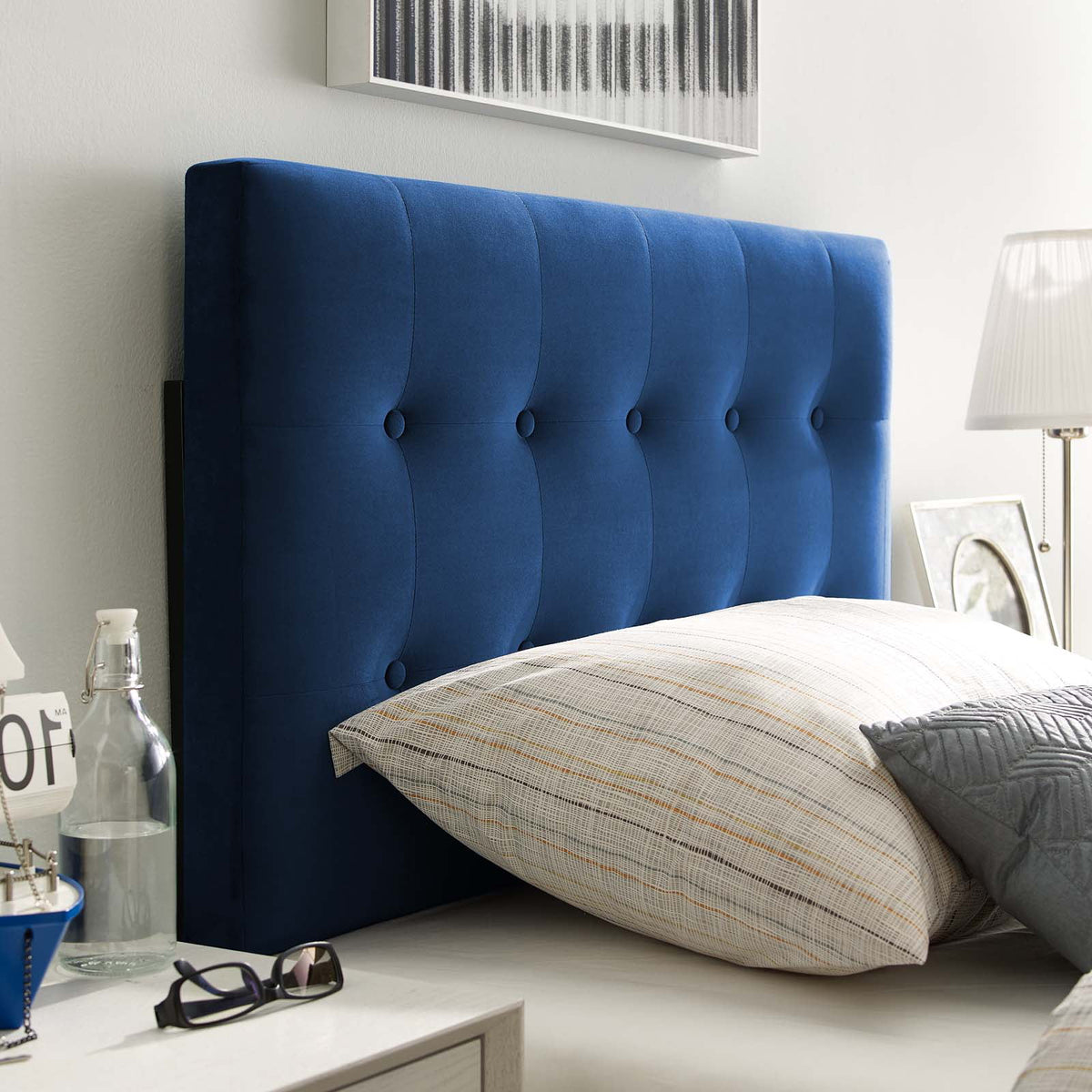 Navy Blue Velvet Tufted Twin Size Headboard W8874