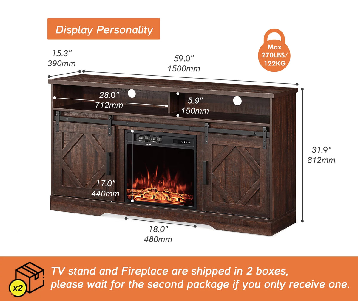 Brown Electric Fireplace TV Stand up to 65 inch K1950