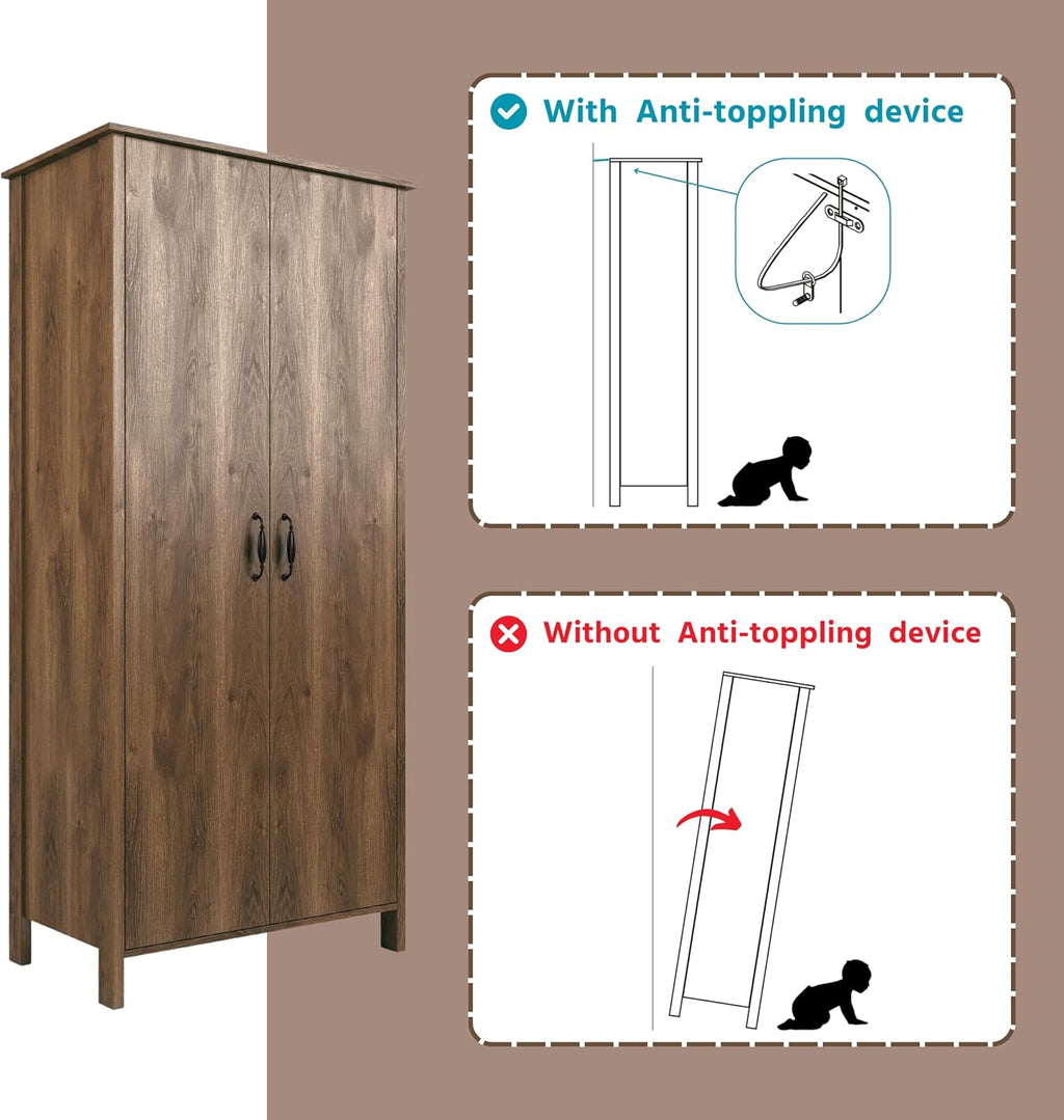 Walnut Brown 2-Doors Wood Armoire Wardrobe Closet with Fixed Shelves and Hanging Rack K57360