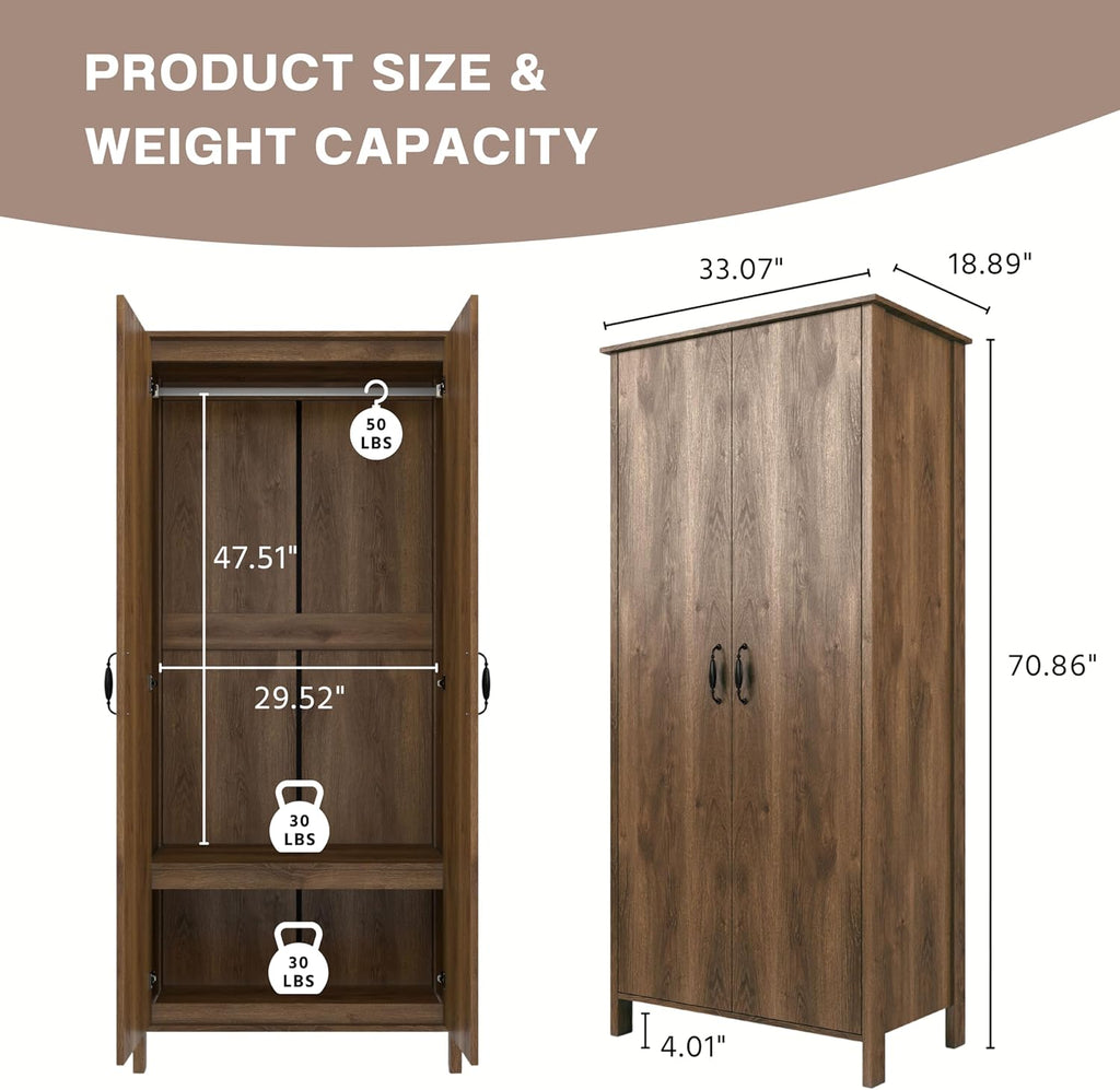 Walnut Brown 2-Doors Wood Armoire Wardrobe Closet with Fixed Shelves and Hanging Rack K57360