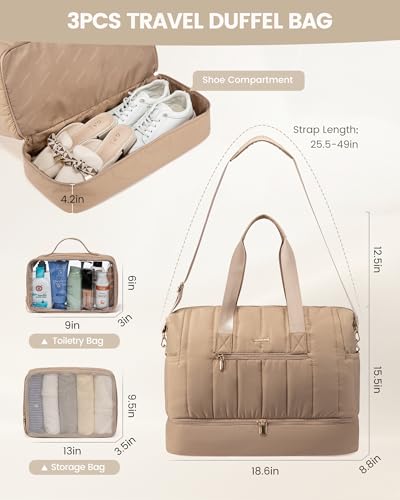 Travel Duffle Bag with Shoe Compartment, 42L Overnight Bag, 3Pcs Set X669374
