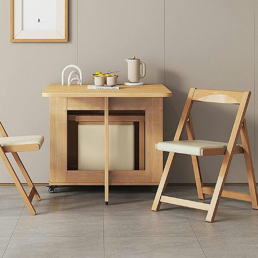 Wooden Extendable Dining Table Set with 4 Chairs, Drop Leaf Tables on Moveable Wheels and 1 Drawers M754029