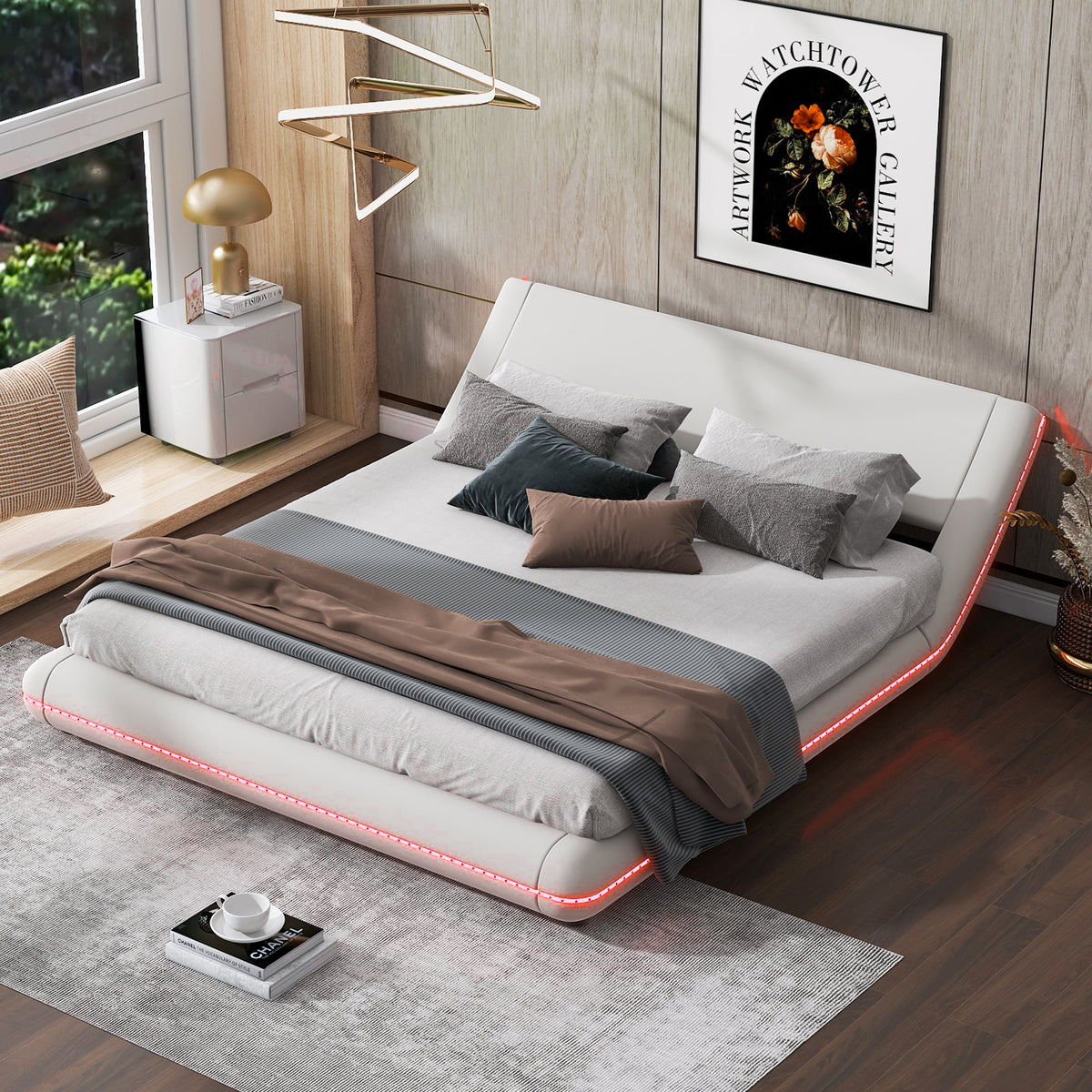 Queen Size Upholstery Platform Bed Frame with Sloped Headboard C51806