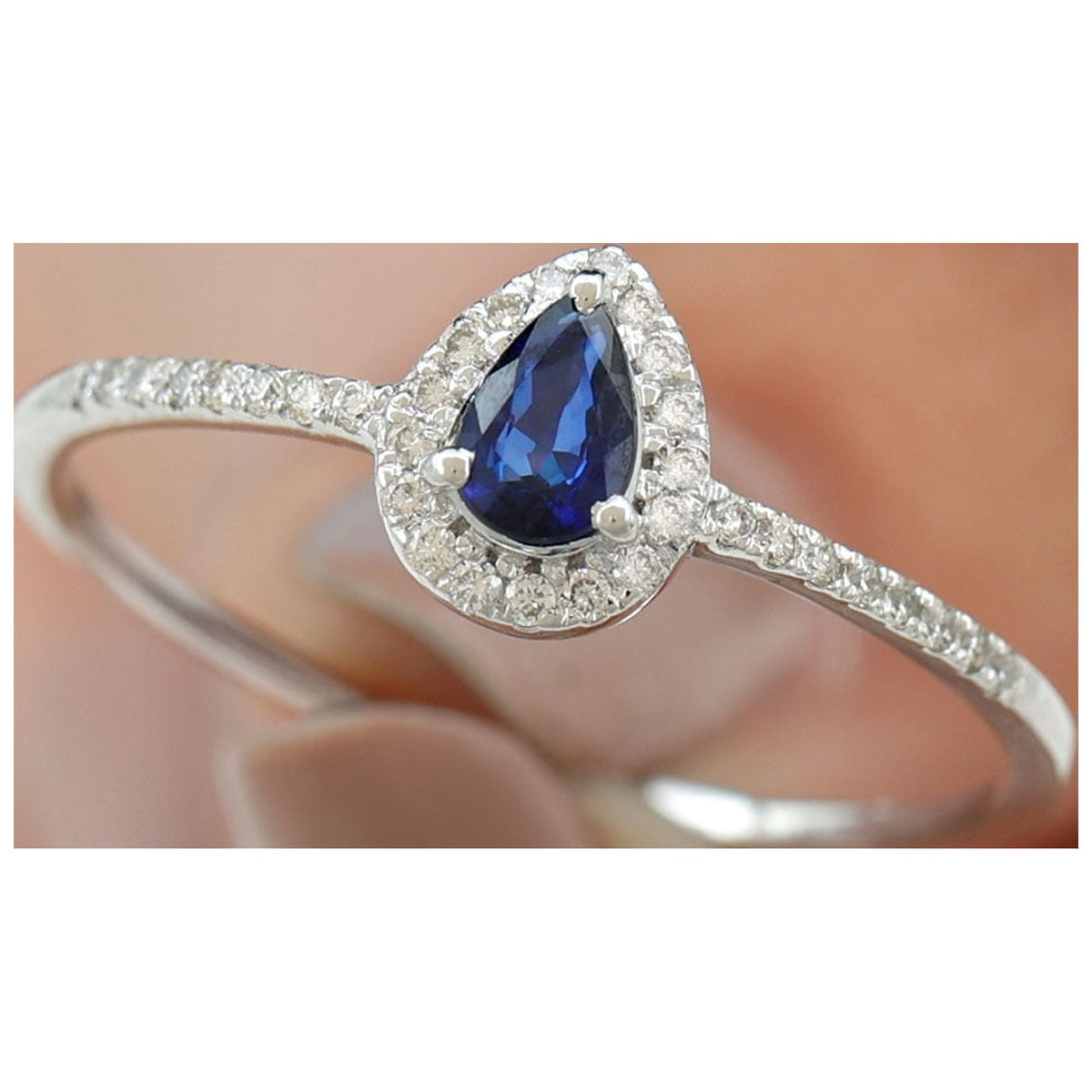 Pear Cut Blue Sapphire Teardrop Ring with Diamond Halo, 925 Sterling Silver, US 8.00 Q2463