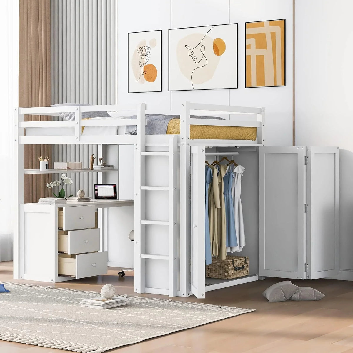 Full Size White Solid Wood Loft Bed with Desk, Wardrobe and Storage Drawers O423427