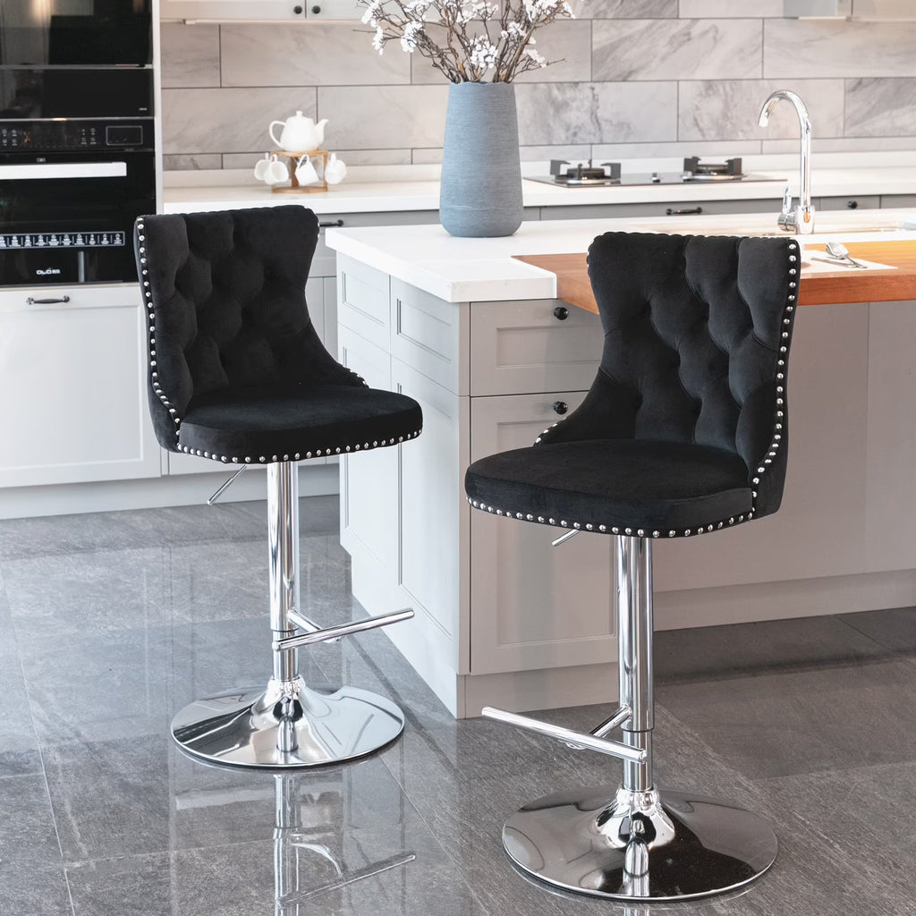 Swivel Velvet Barstools with Backs, Set of 2, Black K490269