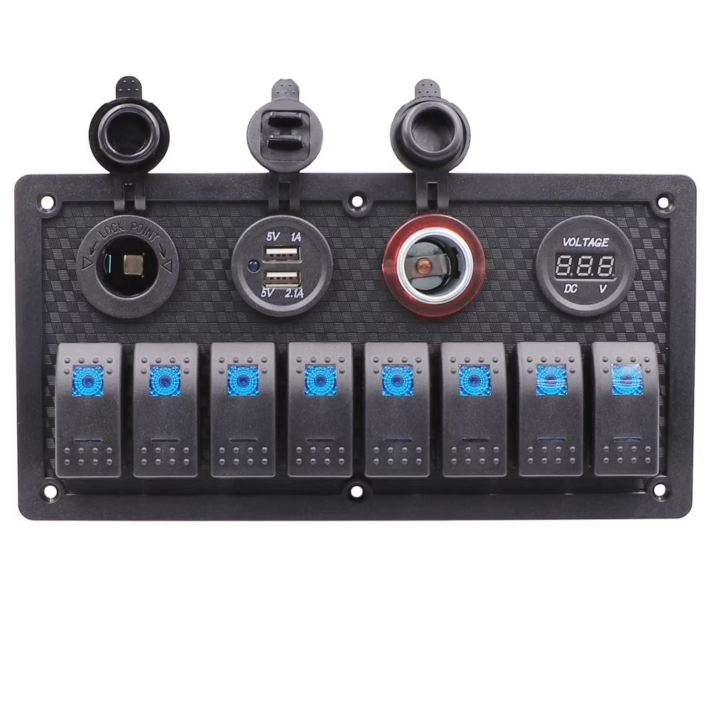 8 Gang Blue Backlit 12V Pre-wired Switch Panel with Dual USB Charger Digital Voltmeter Cigarette Lighter V4716