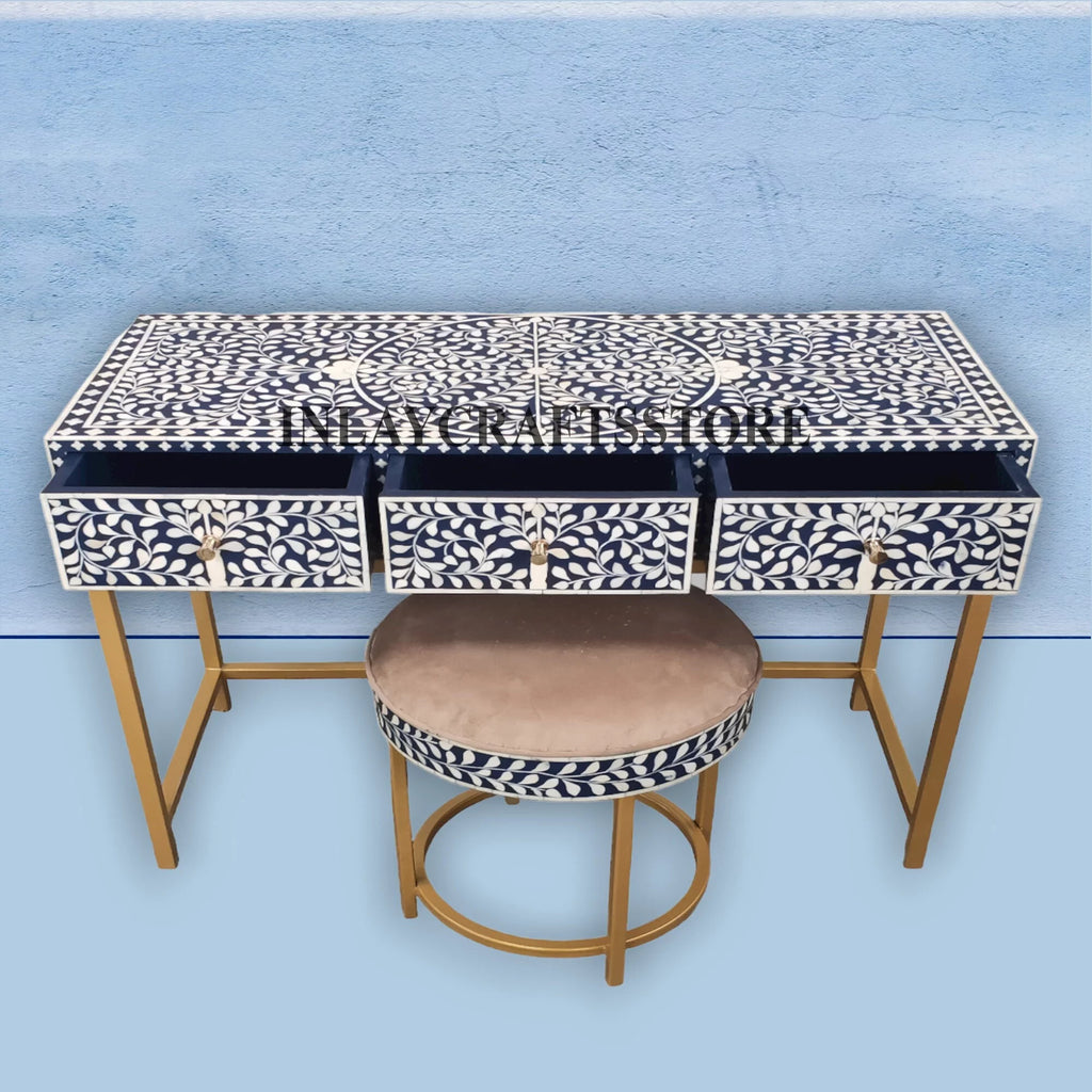 Bone Inlay 3 Drawers Console and Stool Indigo Blue M725