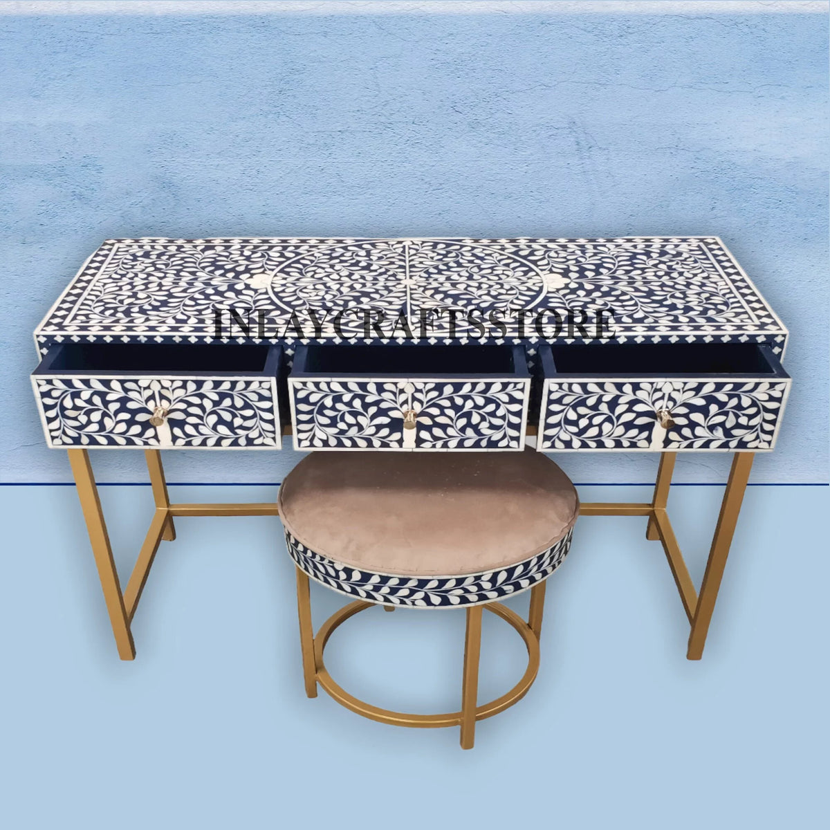 Bone Inlay 3 Drawers Console and Stool Indigo Blue M725