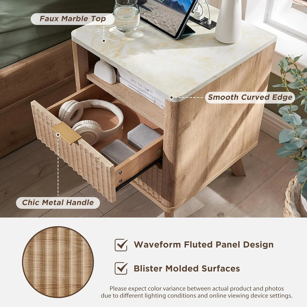 Mid-Century Modern Nightstand with Charging Station V4699