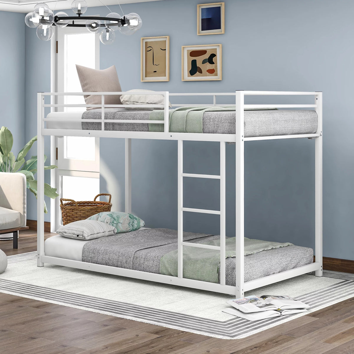 White Metal Twin over Twin Bunk Bed with Storage Shelf S6275