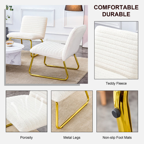 White minimalist armless sofa chair with plush cushion and backrest and golden metal legs M1501