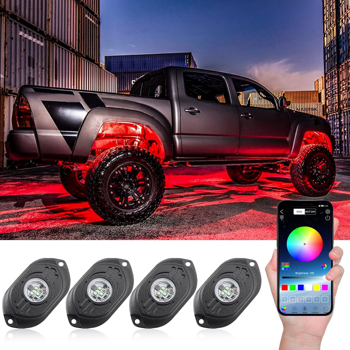 RGB LED Rock Lights 4 Pods Car Neon Underglow Kit Wheel Well Light Multicolor Waterproof Pack of 2 E2220