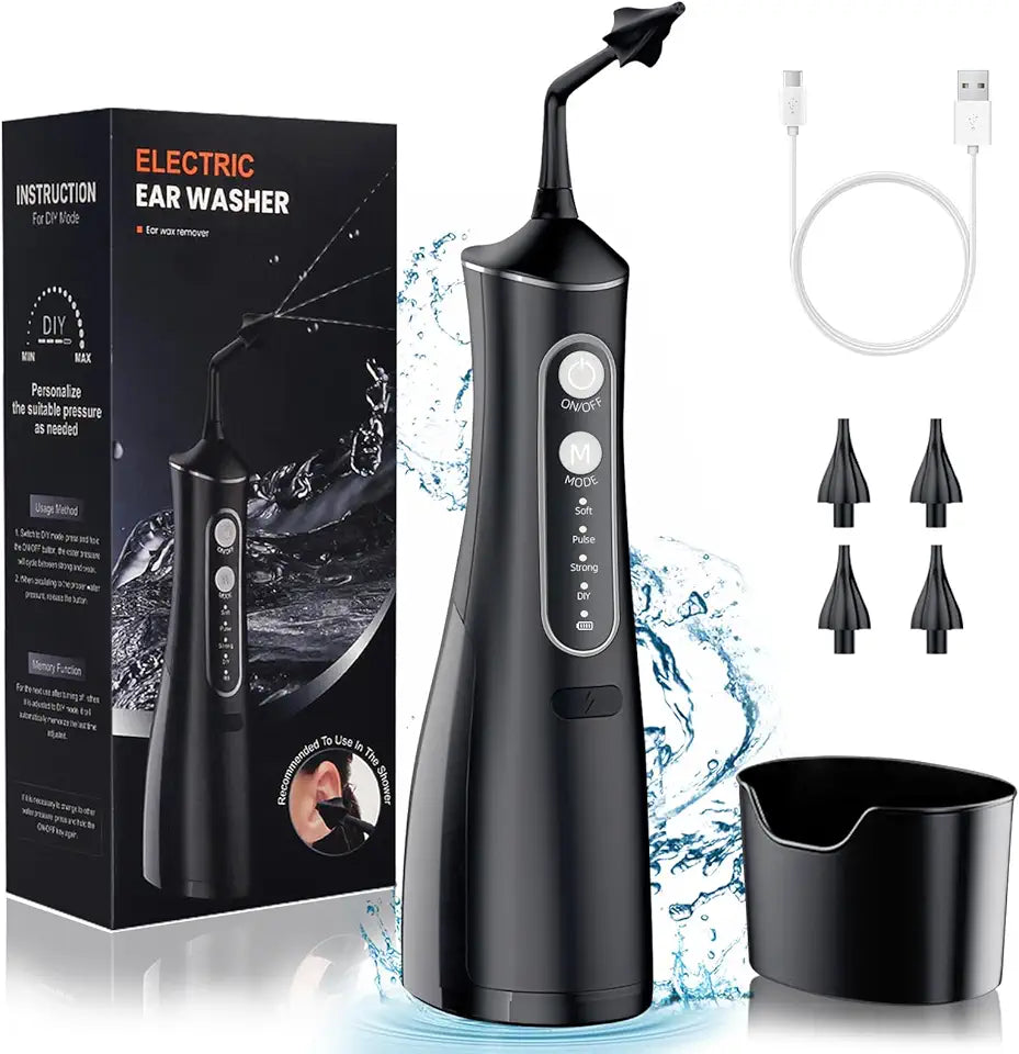 Electric Ear Cleaning Kit with 4 Reusable Replacement Tips Black D177