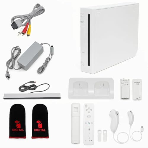 White Wii Console with 2 Remotes, 2 Nunchucks, Dual Dock Stand, Sensor Bar, AV Cable and 2 Gaming Sleeves P46413