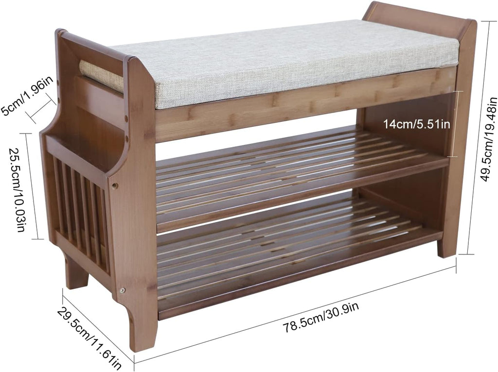 2 Tier Bamboo Shoe Bench with Seat Cushion X65362