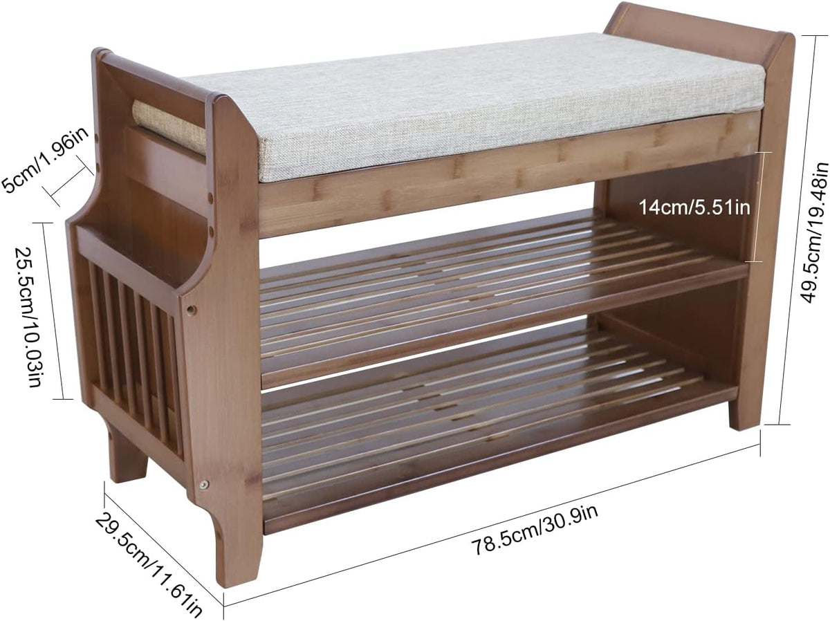 2 Tier Bamboo Shoe Bench with Seat Cushion X65362