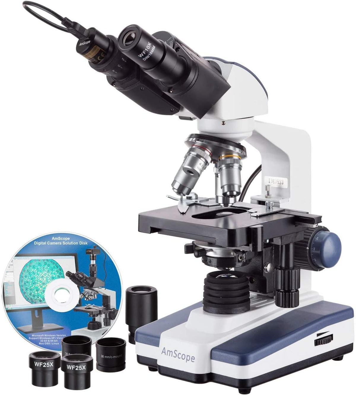 Binocular Compound Microscope, 40X-2500X Magnification, LED Illumination, Abbe Condenser, Two-Layer Mechanical Stage, 1.3MP Camera A9033