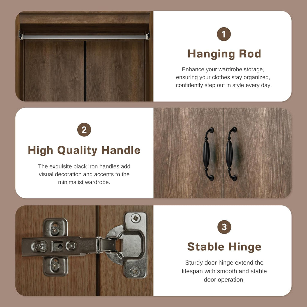 Walnut Brown 2-Doors Wood Armoire Wardrobe Closet with Fixed Shelves and Hanging Rack K57360