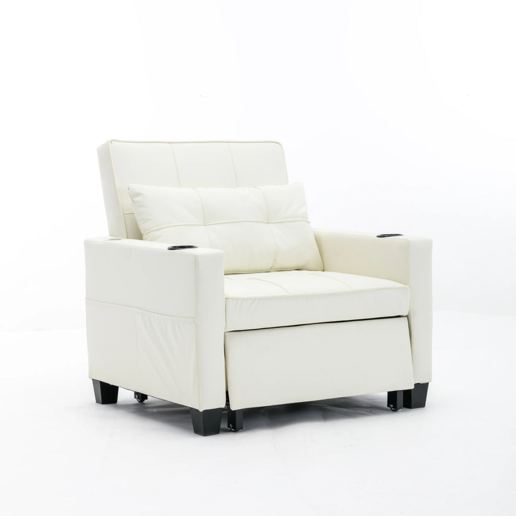 White Leather 3-In-1 Convertible Sleeper Chair Bed with USB Ports U163