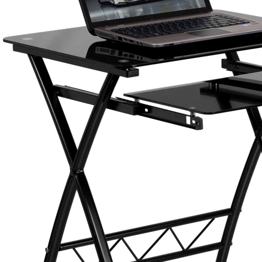 Black Tempered Glass Computer Desk with Keyboard Tray X385863